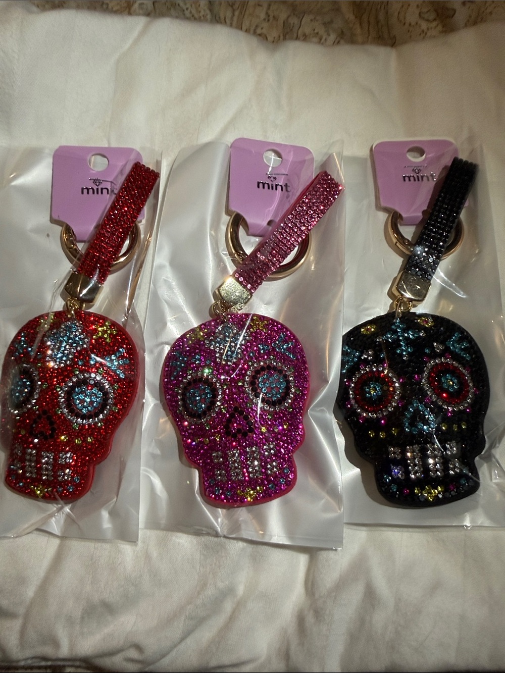 Mint Rhinestone Sugar Skull Keychains - Red, Pink, Black